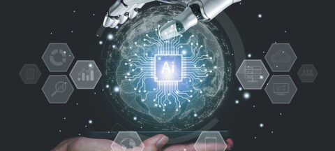 Robotic and human hands holding a glowing AI globe with tech icons on a dark background