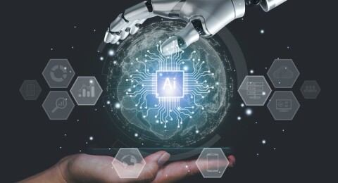 Robotic and human hands holding a glowing AI globe with tech icons on a dark background