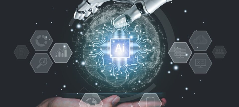 Robotic and human hands holding a glowing AI globe with tech icons on a dark background