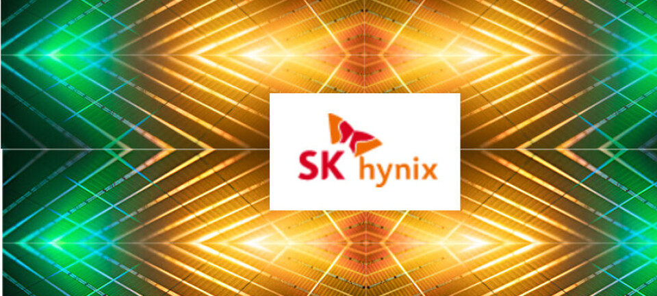 SK hynix logo centered on a glowing geometric tech-inspired background