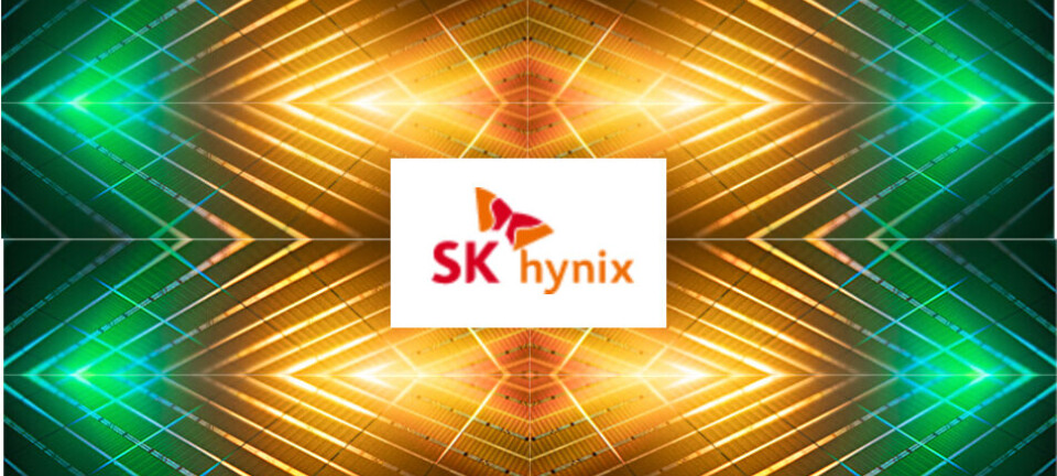 SK hynix logo centered on a glowing geometric tech-inspired background