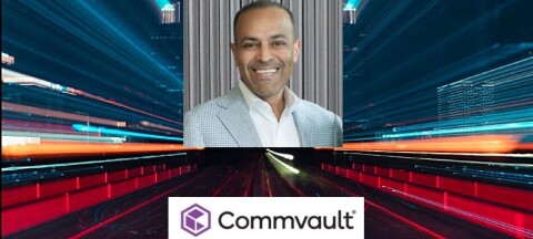 Commvault logo and a CEO Sanjay Mirchandani.
 on a neon digital grid background