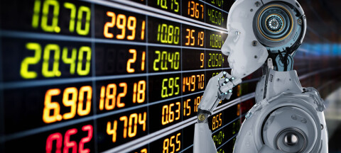 3D humanoid robot observing an illuminated stock market ticker board