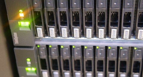 Close-up of Lenovo ThinkSystem server panel with hard disk bays and green status LEDs