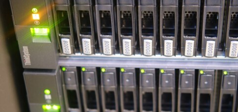 Close-up of Lenovo ThinkSystem server panel with hard disk bays and green status LEDs