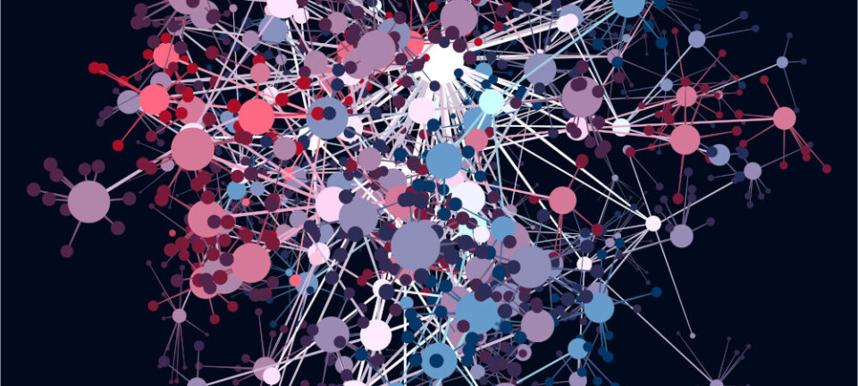 Abstract colorful network graph of connected data nodes on a dark background