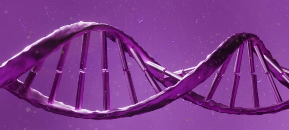 Illustration of purple DNA double helix on a solid purple background.