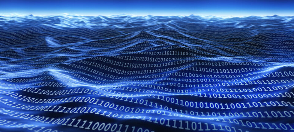 Binary code forming blue waves in an abstract digital ocean.