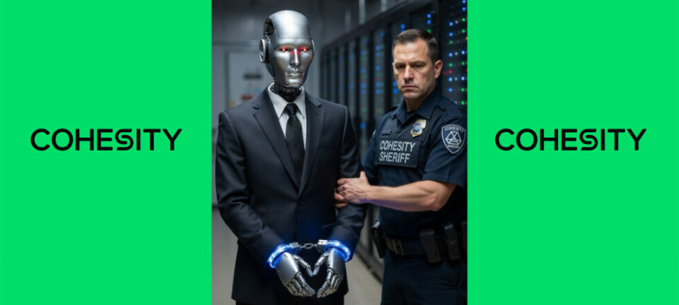 Cohesity-branded sheriff arresting cyborg.